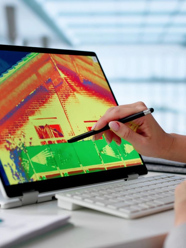 Tablet showing thermal imaging of a house being analyzed.