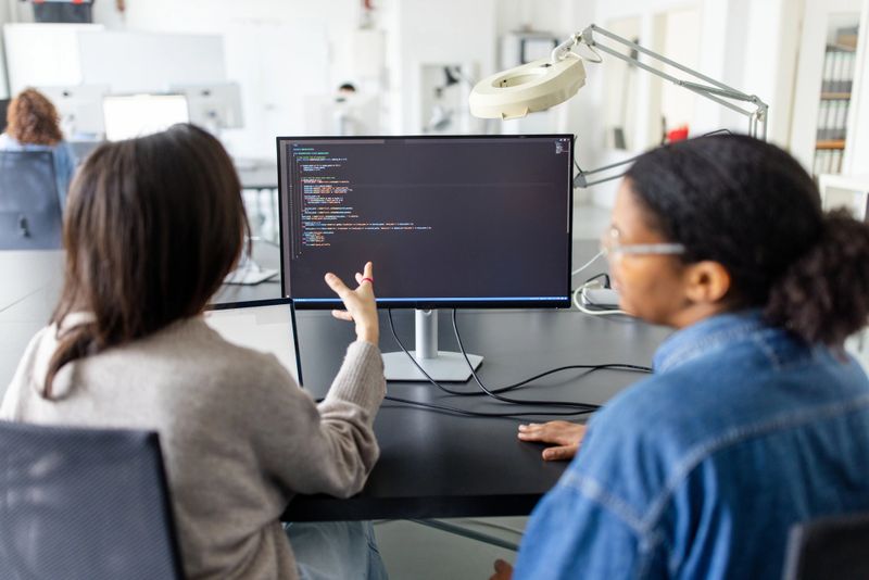 Rear view of female software engineers analyzing code and database on a computer monitor, brainstorming ideas for a new security system while collaborating in a coworking office space.