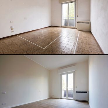 Room before and after renovation with new flooring and fresh paint.