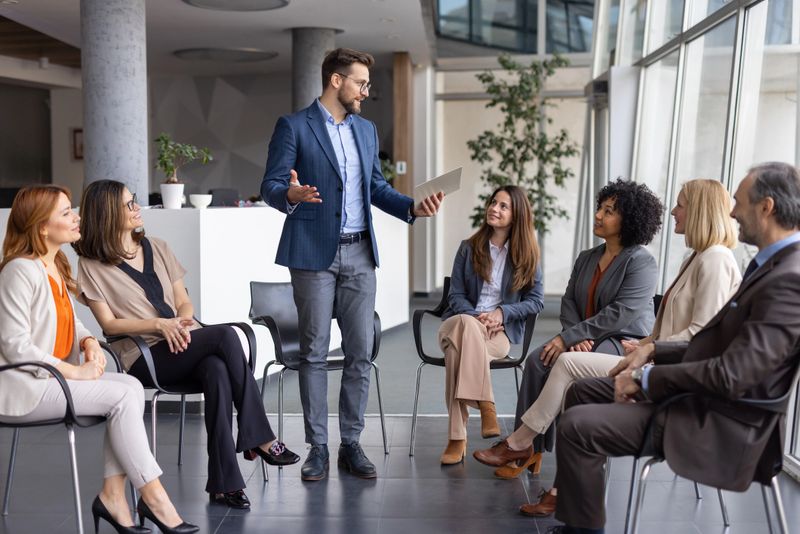A diverse team gathered in a sleek office space for a meaningful discussion, showcasing collaboration and professionalism among group members.