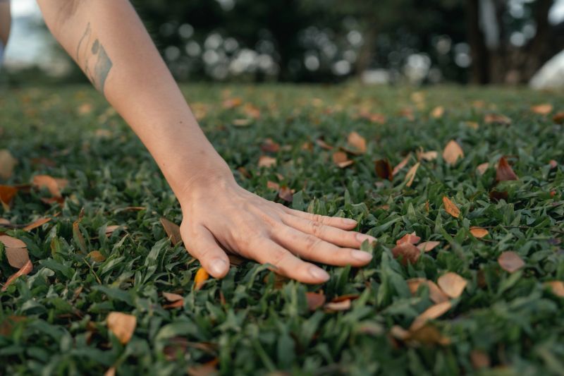 Close-up shot of woman's bare feet lying on the grass, embracing the grounding and therapeutic benefits of nature, reconnecting her body with the energy of the earth, gaining pain reduction, an improved immune response, and reduced inflammation, allowing her body to restore balance and well-being