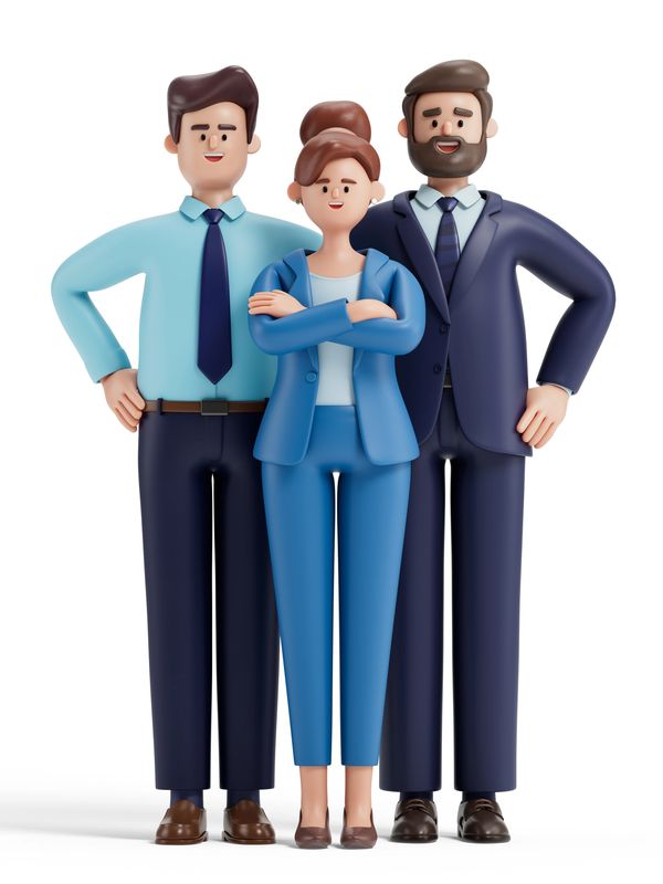 3 confident business professionals standing together, dressed in formal attire.