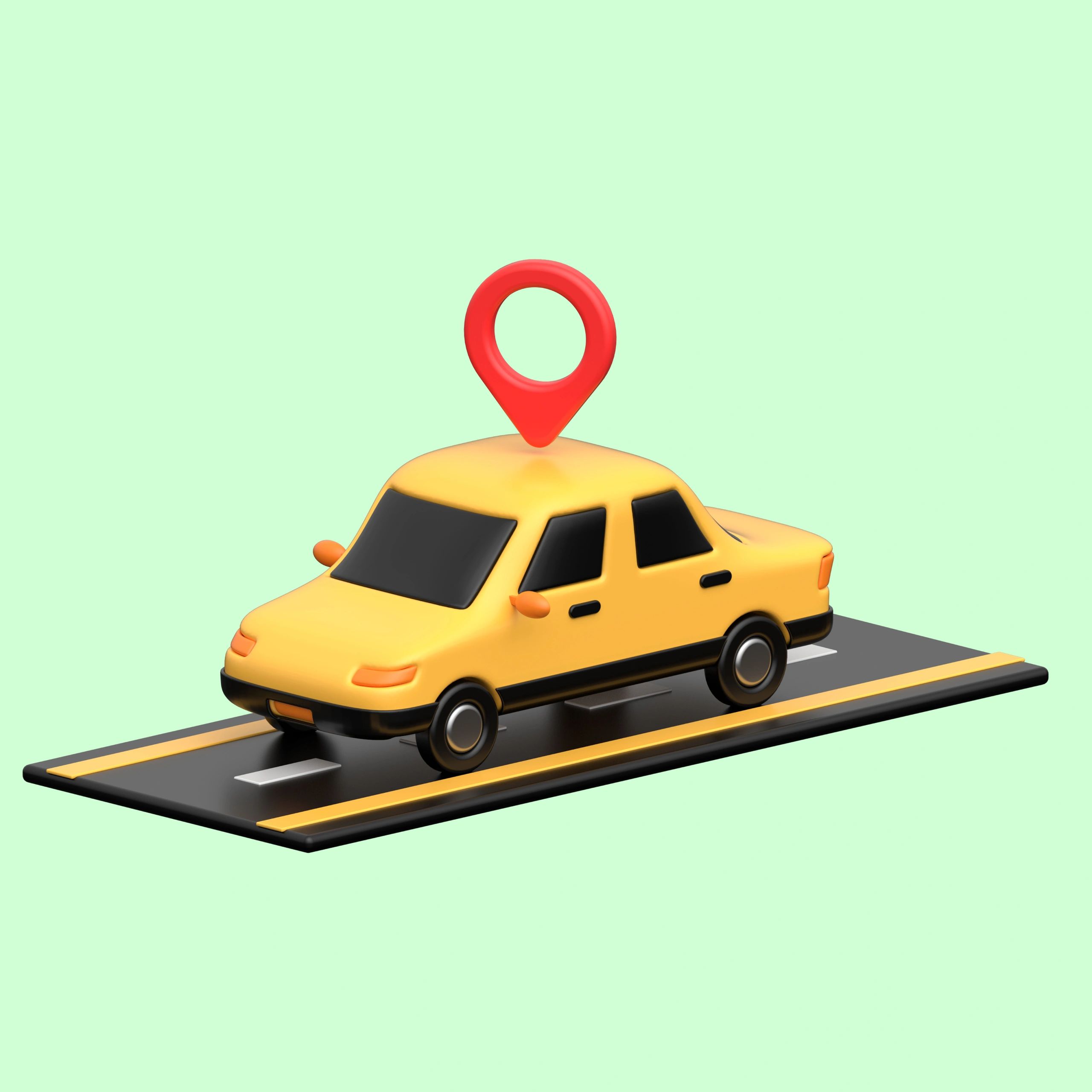 3D yellow car with a red location pin on a road segment.