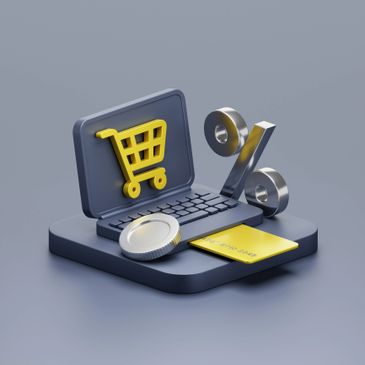 3D illustration of online shopping with a laptop and payment elements.