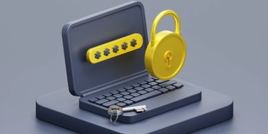 3D illustration of a laptop with a password field, key, and padlock symbolizing cybersecurity.
