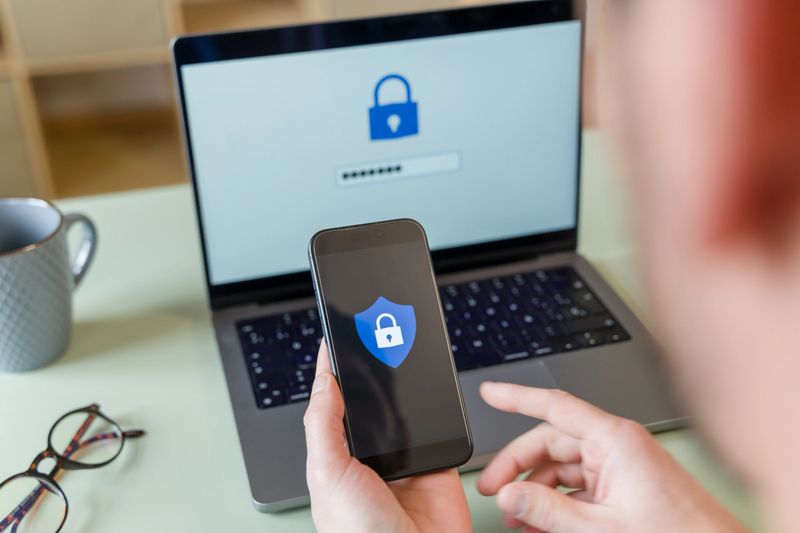 Close-up of hands holding smartphone with security app open, laptop with login screen in background, emphasizing cybersecurity