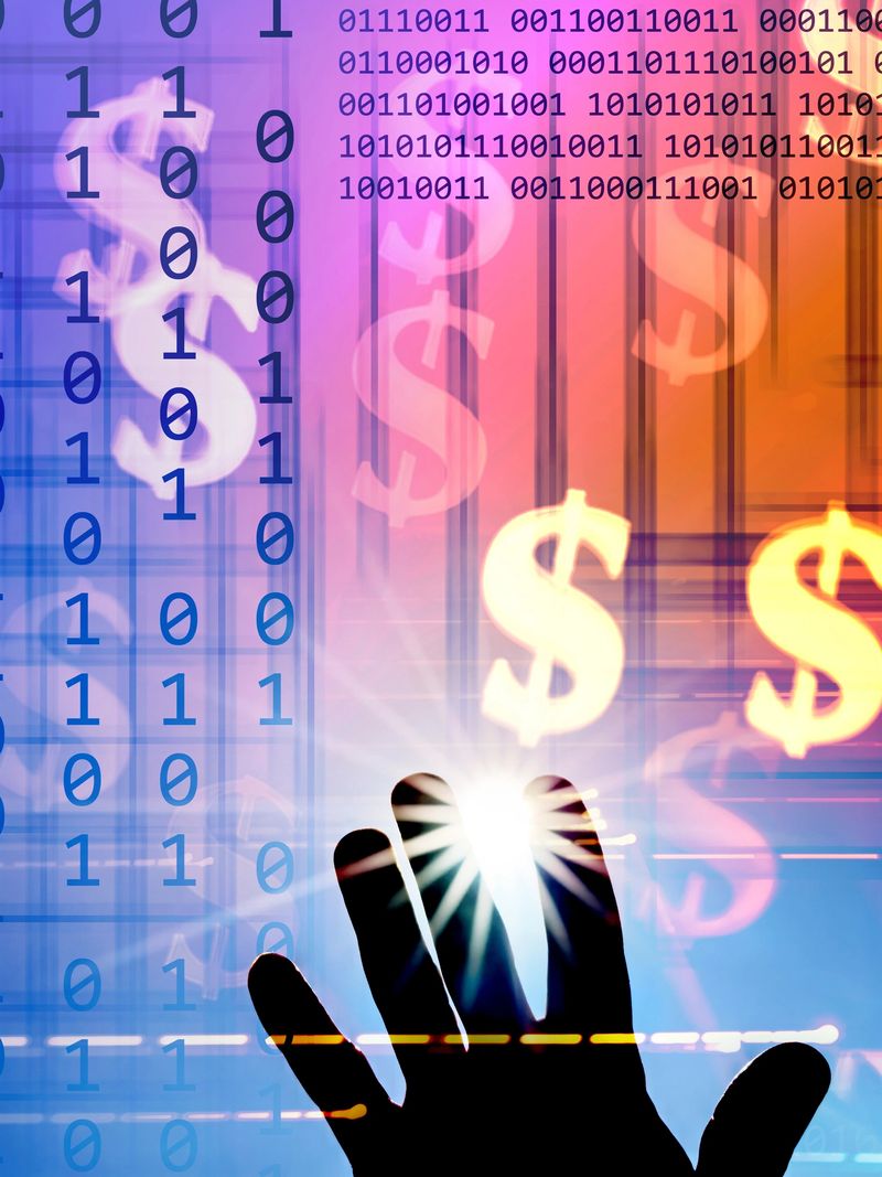 A hand reaches out towards a bright sun, surrounded by flowing binary code and dollar symbols. The concept of technology and finance intersection, personal growth, success, financial freedom, freelance work, etc.