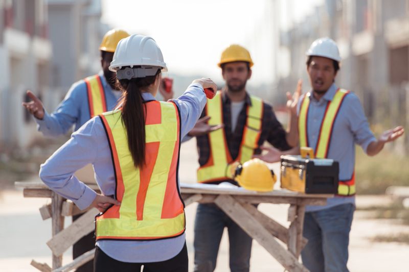 Group of architects and engineers work together to assess the residential home construction site's progress