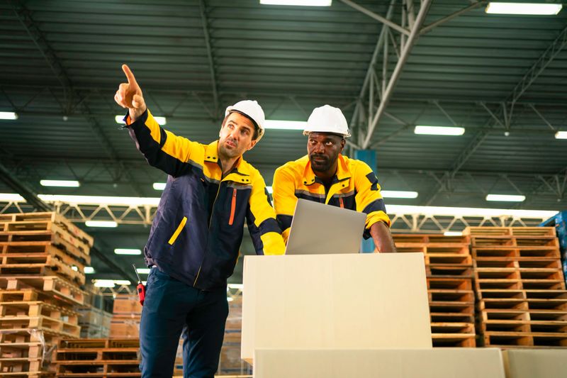 Two warehouse workers discussing logistics and inventory management while collaborating on a project in a storage facility.