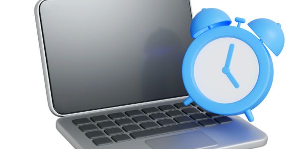 3D illustration of a laptop with a blue alarm clock beside it.