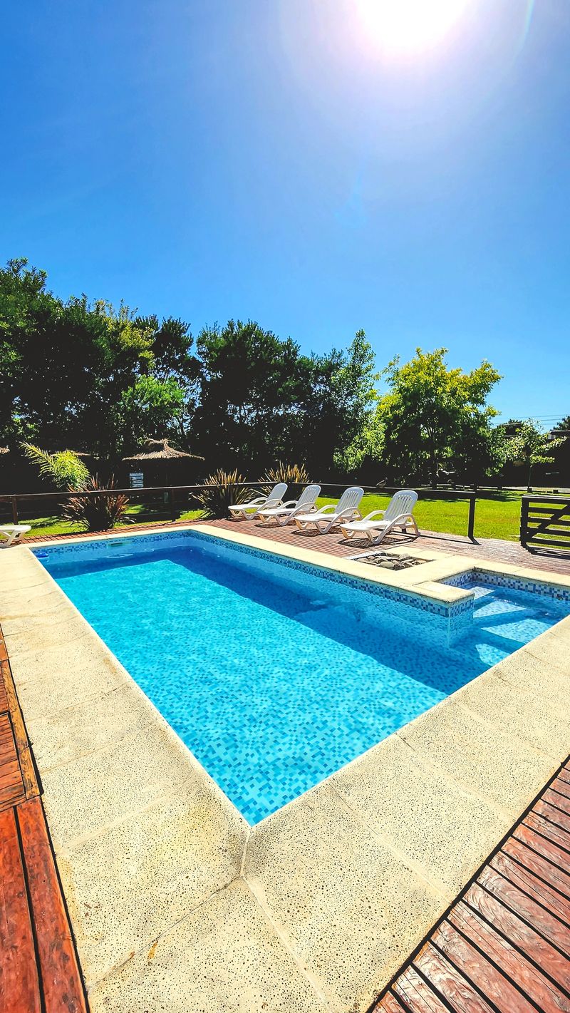 Clear blue pool surrounded by lounge chairs and lush garden on a sunny day. A peaceful summer scene perfect for relaxation and outdoor leisure.