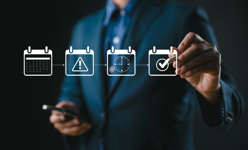 Calendar and agenda scheduling concept. A person interacts with a virtual calendar, organizing tasks and appointments, representing scheduling, task management, time optimization, and agenda meetings.