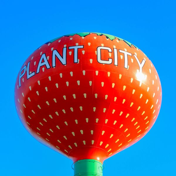 Bright red strawberry-shaped water tower against blue sky.