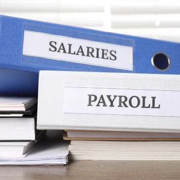 Blue and white binders labeled Salaries and Payroll on stacked documents.