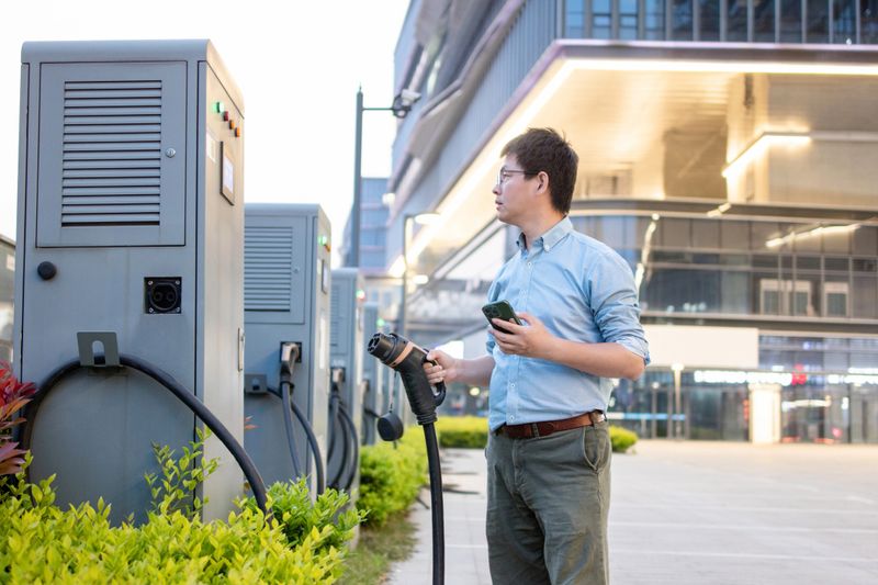An Asian man is using a charging gun to charge an electric vehicle.