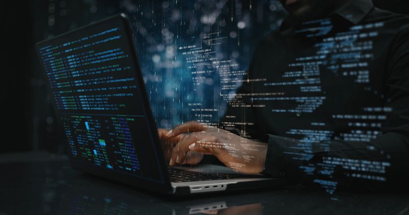 Futuristic vision of working and interacting computers and tablets with modern holographic interface. Businessman, programmer, coder, AI technician working in future