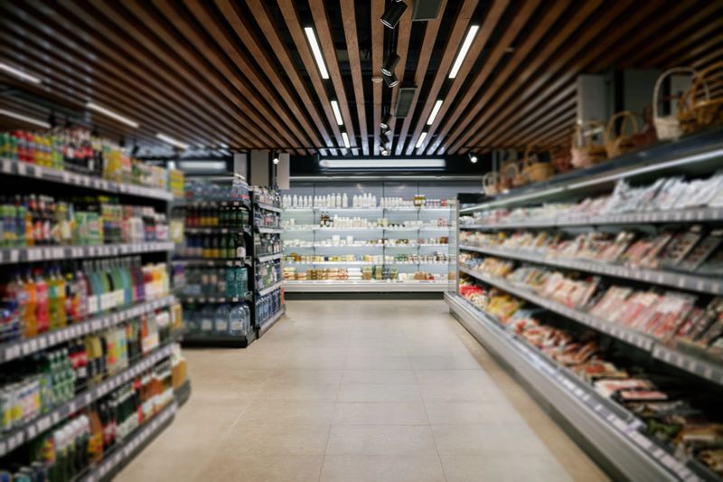 Supermarket aisle with various products displayed on well-organized shelves, creating inviting atmosphere for customers while under modern lighting fixtures