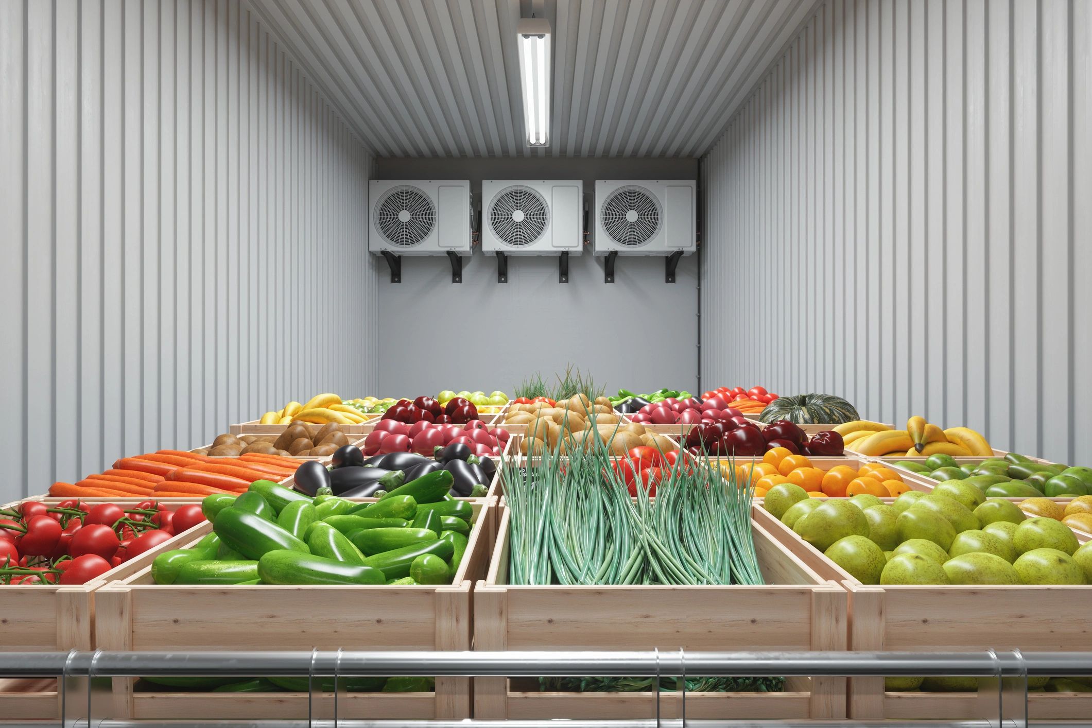 Fresh fruits and vegetables in a refrigerated cold storage room for reefer container shipping