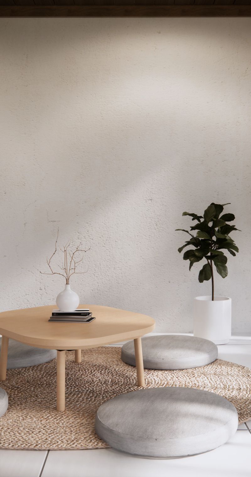 living room low table and pillow decoration wabisabi  room interior .3D rendering