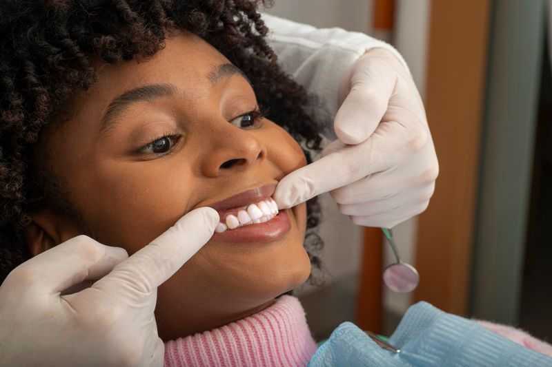 Dentist wearing gloves is carefully examining a patient's teeth in a modern dental clinic, ensuring optimal oral health and hygiene