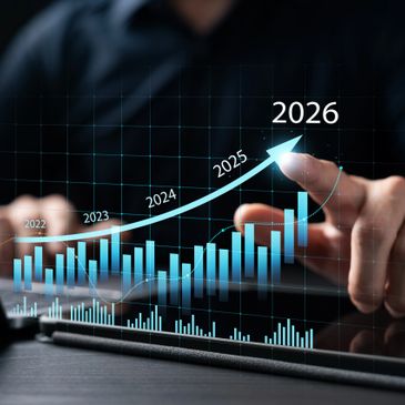 Hand pointing at a rising digital graph showing growth from 2022 to 2026.