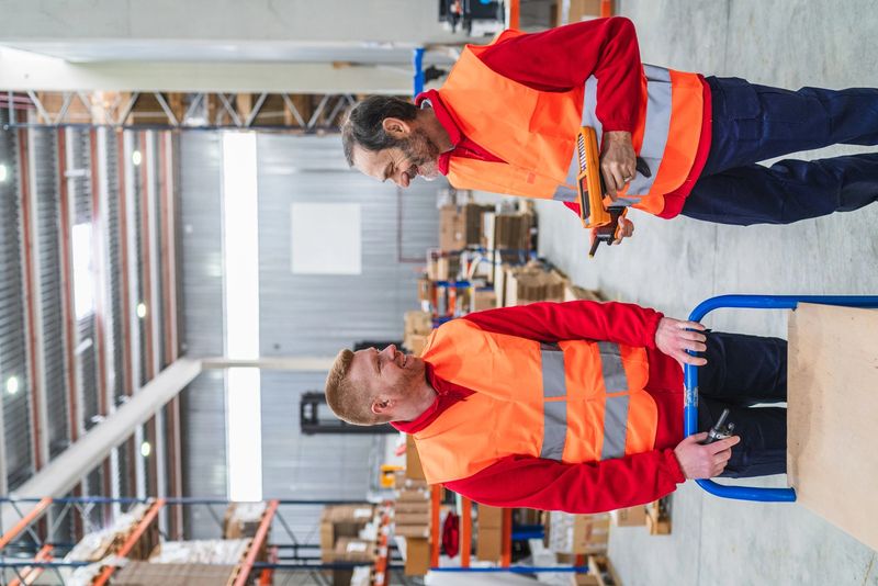 Two warehouse workers are smiling and talking while using a handheld scanner and pushing a trolley in a large warehouse