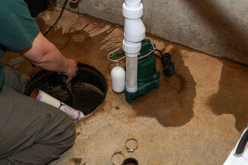 A plumber repairing a sump pump in a flooded basement in a residential home