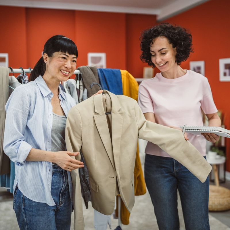 Two mature diversity woman show clothing on mobile phone on social network at home, entrepreneur with streaming for selling online clothing and presenting, online seller