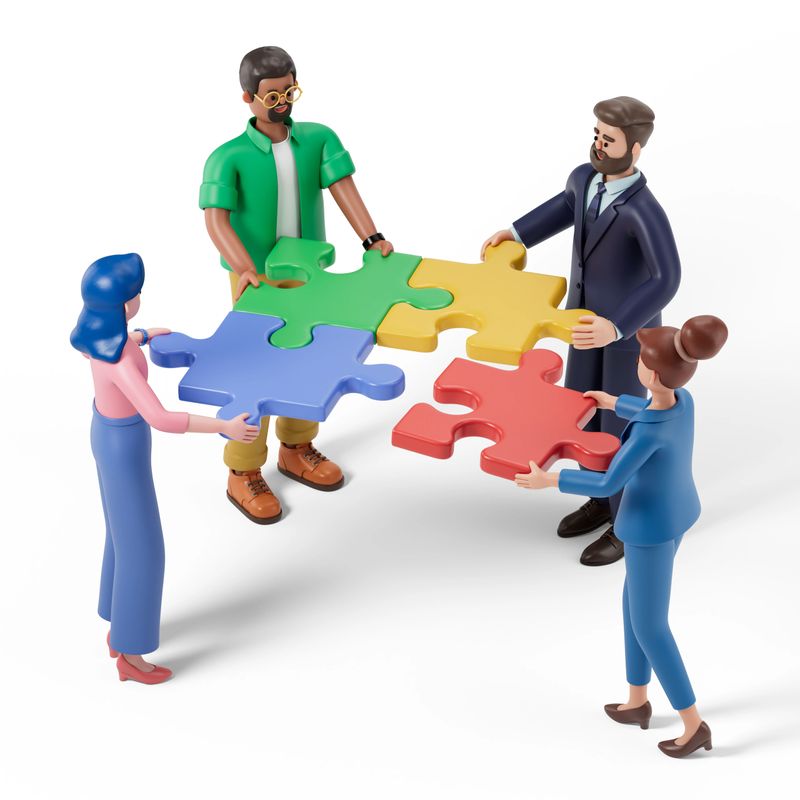 3D people fitting puzzle pieces, symbolizing collaboration and problem-solving. 3D rendering, conceptual image, isolated on white background.