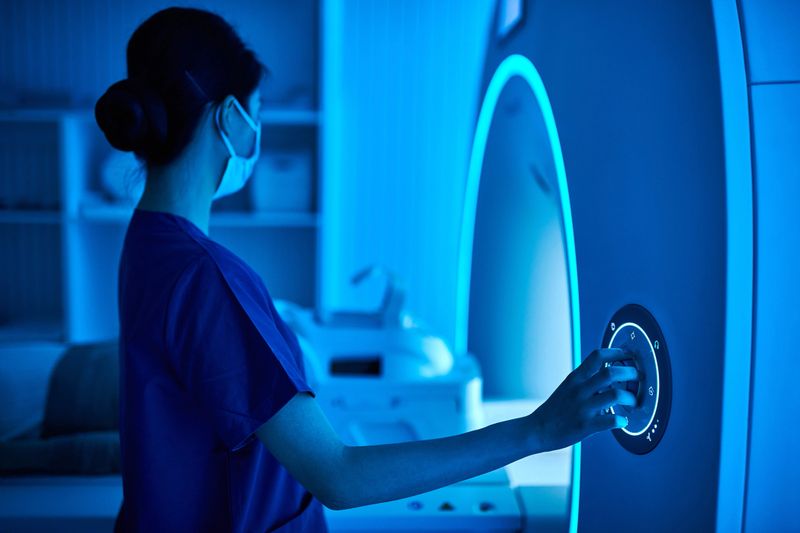 Close-up of one asian female nurse operating MRI scan machine in the MRI-scanner room.