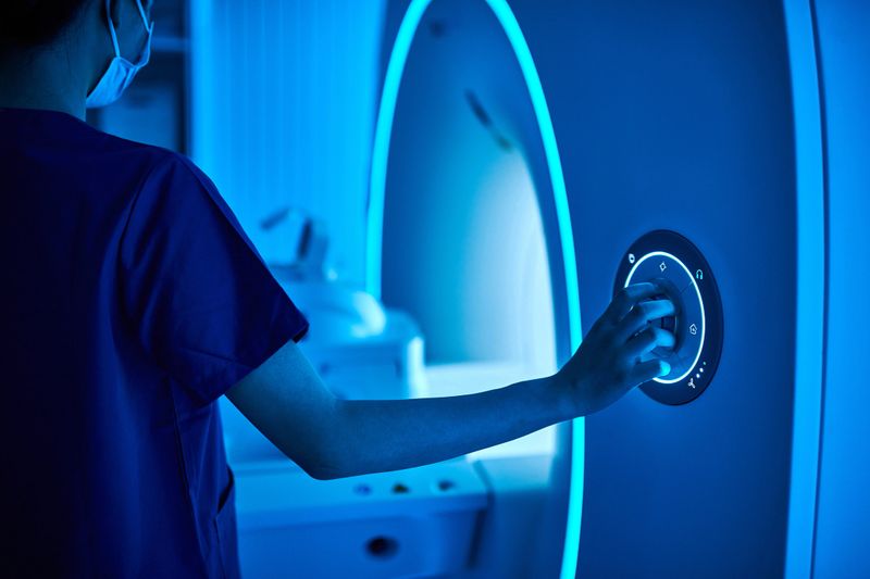Close-up of one asian female nurse operating MRI scan machine in the MRI-scanner room.