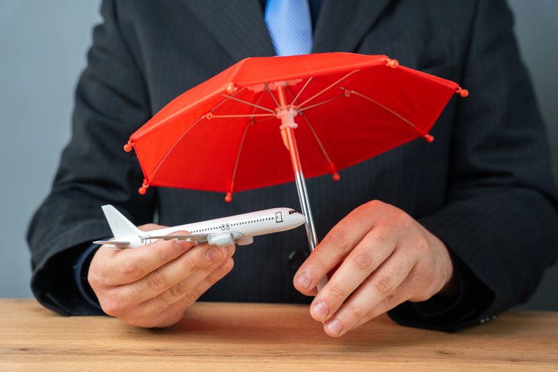 Businessman holding a plane under a red umbrella. Passenger and flight insurance. Technical support, aircraft leasing. Safety and security.