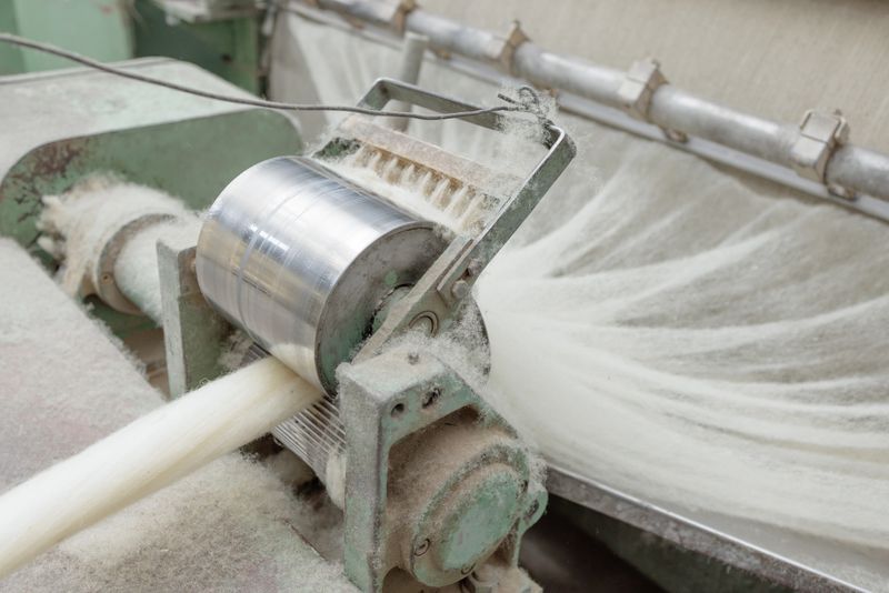 Raw wool fibers being processed through a carding machine in a textile mill, preparing material for spinning.