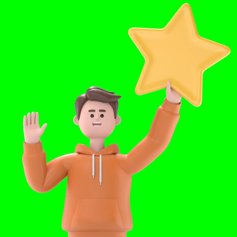 3D illustration of male guy Qadirn waving hand saying hi and holding a big star.Green Screen Mockup.3D rendering on Green Screen for footage and clipping path.