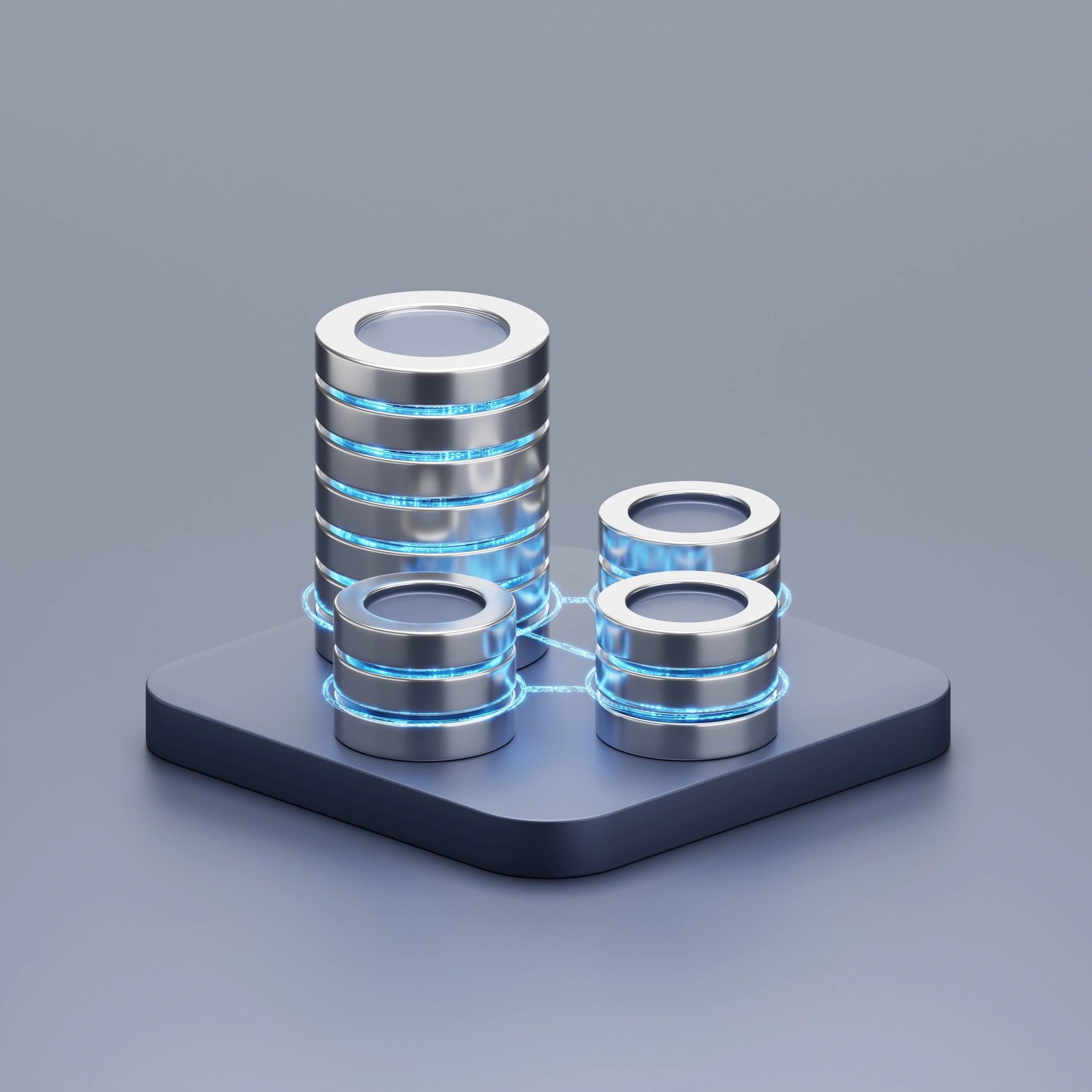 Futuristic data storage units connected with glowing blue lines.