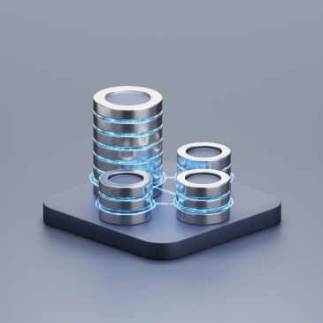 3D illustration of interconnected data storage servers with glowing blue lines.