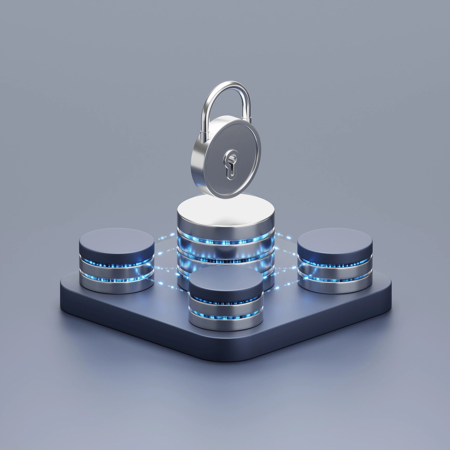 Metallic padlock atop a glowing digital platform symbolizing data security.