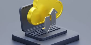 3D illustration of cloud computing with upload and download arrows on a laptop.