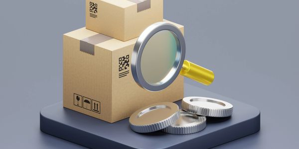 Magnifying glass inspecting stacked cardboard boxes with coins nearby.