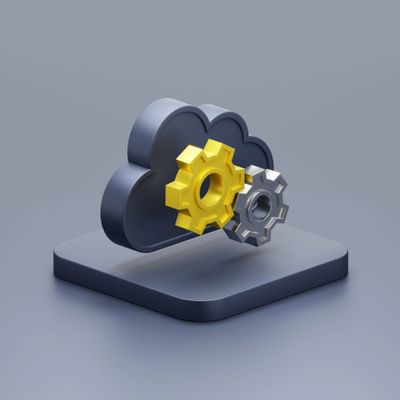 3D cloud icon with yellow and gray gears on a gray platform.