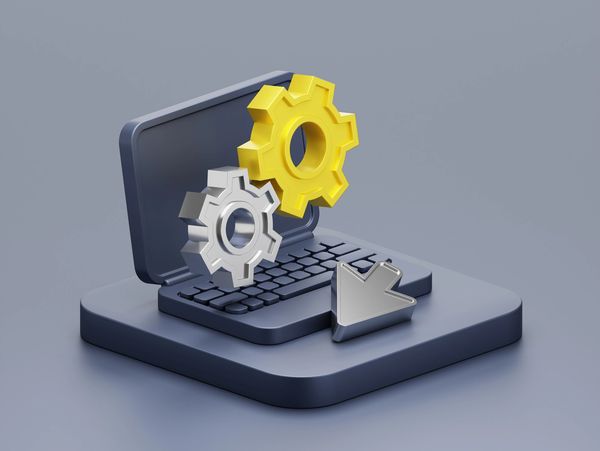 3D illustration of laptop with gears and download arrow icon.