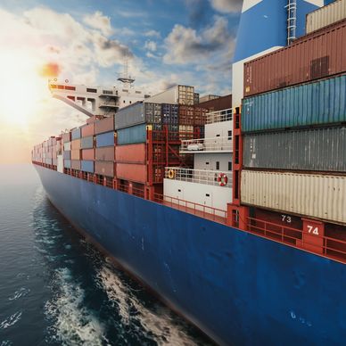 Large cargo ship carrying numerous shipping containers at sea during sunset.
