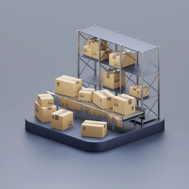 Warehouse storage racks filled with cardboard boxes, featuring a conveyor system for modern logistics and inventory management. Perfect for depicting industry, shipment processing, and organisational efficiency.