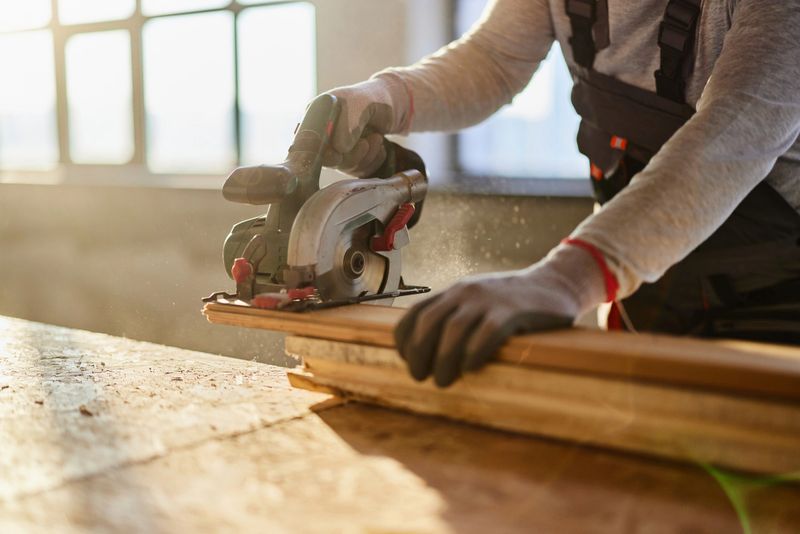 Close up of unrecognizable male carpenter using circular saw to cut the wood at construction site. Copy space.