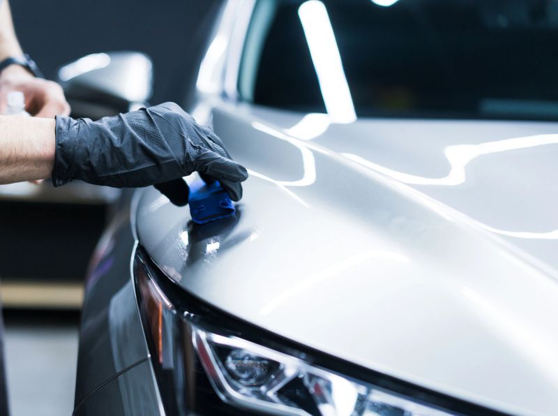 Car detailing, polishing car. Close-up of a gloved hand applying nano coating on a car.