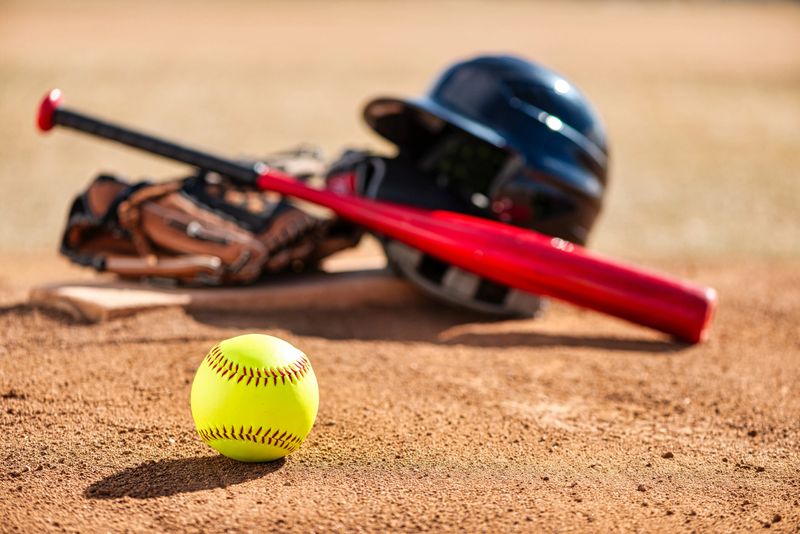 Close-up of optic yellow softball on red dirt infield with pitcher's mound pitching circle, gloves, mitts, helmet and bat