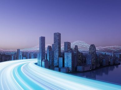 City skyline with light trails and digital waves at dusk.