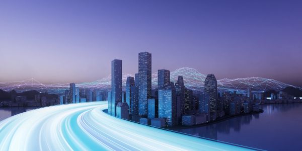 Futuristic cityscape with glowing data streams and network grid.