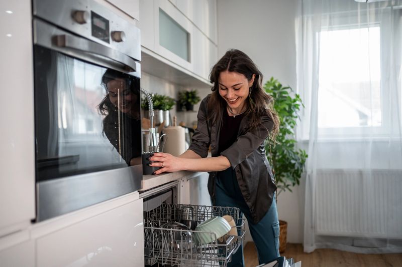 Young woman happily emptying the dishwasher in a bright, modern kitchen, enjoying daily chores while surrounded by clean, stylish decor and natural light streaming through the window