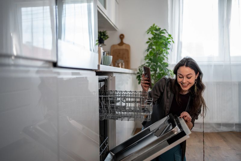 Happy young woman using her smartphone while emptying the dishwasher in her modern and bright kitchen, enjoying her daily chores with technology